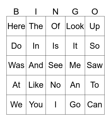 Sight Words Bingo Card