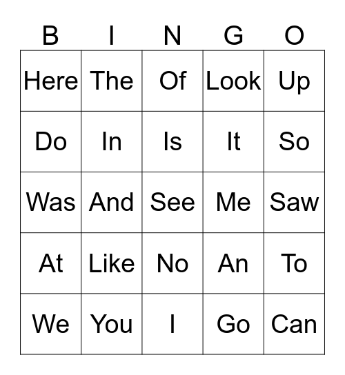 Sight Words Bingo Card