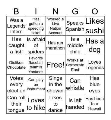 LEAGUE Get to Know You Bingo Card