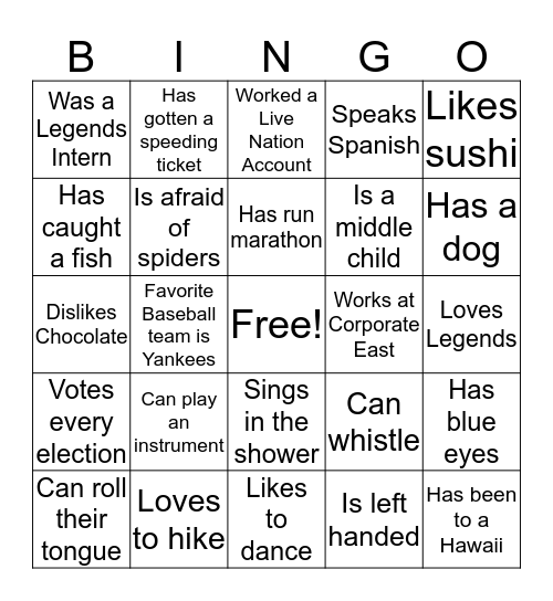 LEAGUE Get to Know You Bingo Card