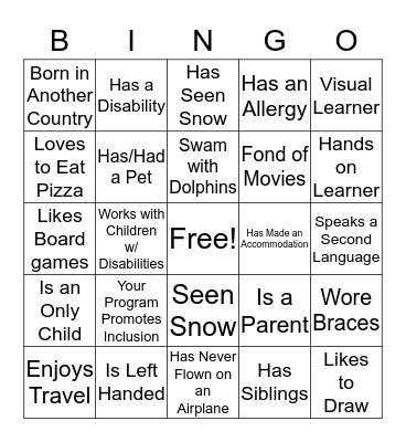 Getting to Know me Bingo Card