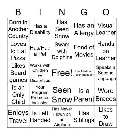 Getting to Know me Bingo Card