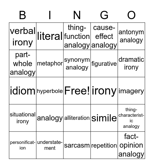 Figurative Language Bingo Card