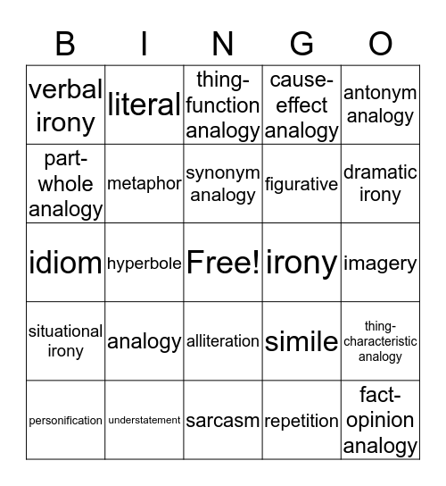 Figurative Language Bingo Card