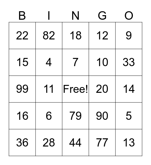 Number Dictation Bingo Card