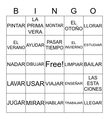 MIDDLE SCHOOL "AR" VERBS Bingo Card