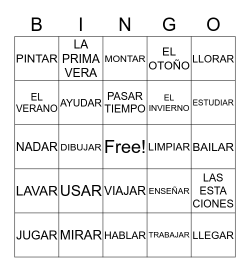 MIDDLE SCHOOL "AR" VERBS Bingo Card