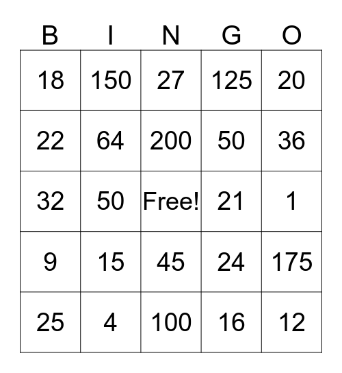 Math Bingo Card