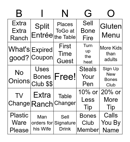 Smokey Bones Bingo Card