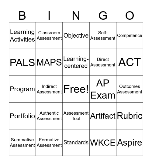 Introduction to Educational Practices -Assessment Terms Bingo Card