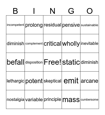 Vocabulary Bingo Card