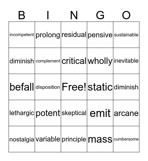 Vocabulary Bingo Card