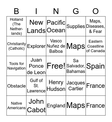 Age of Exploration: European Explorers Bingo Card
