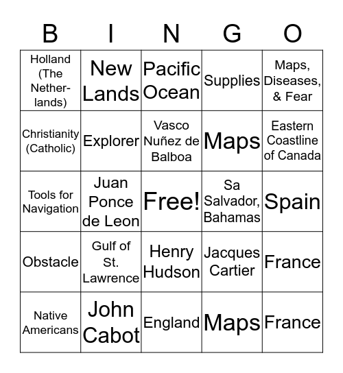 Age of Exploration: European Explorers Bingo Card