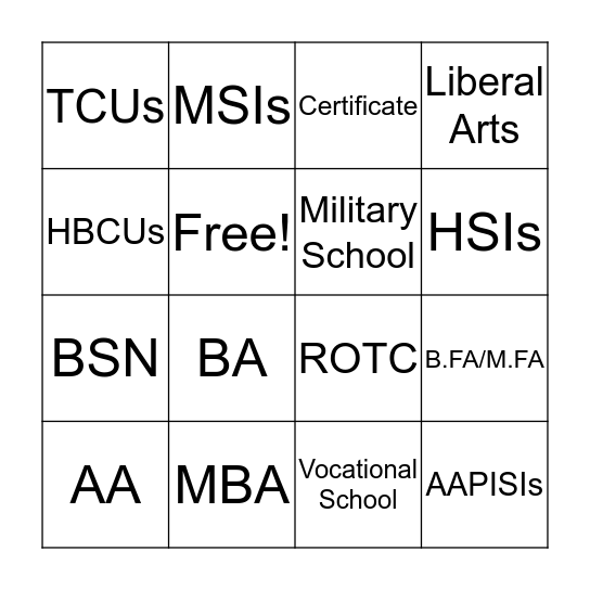 College Search Bingo Card