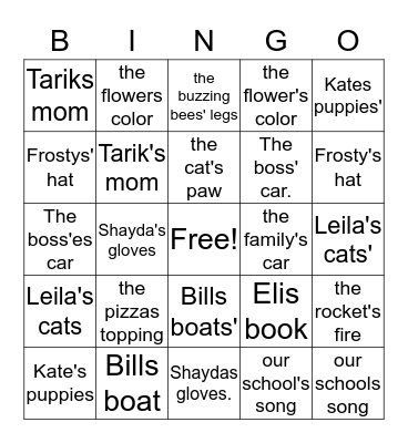 Possessive Apostrophe Bingo Card