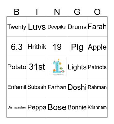 Hey!!  I am One!!! Bingo Card