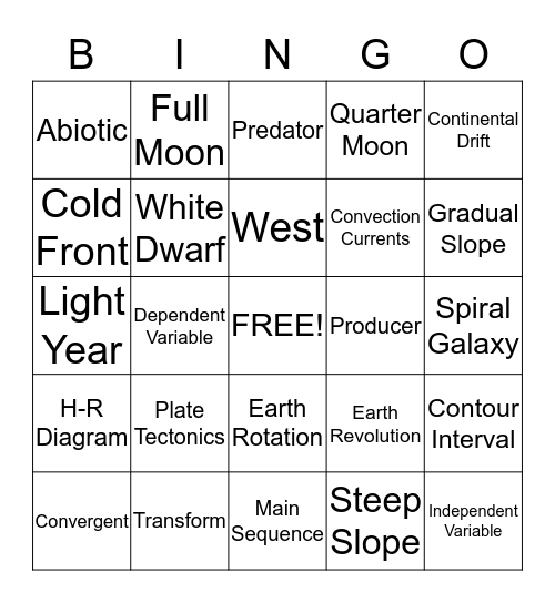 Semester Review Bingo Card