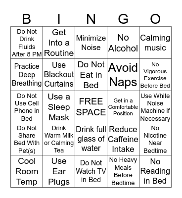 Good Sleep Hygiene Bingo Card