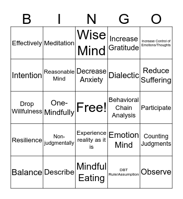DBT Mindfulness Review Bingo Card