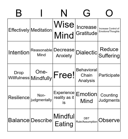 DBT Mindfulness Review Bingo Card