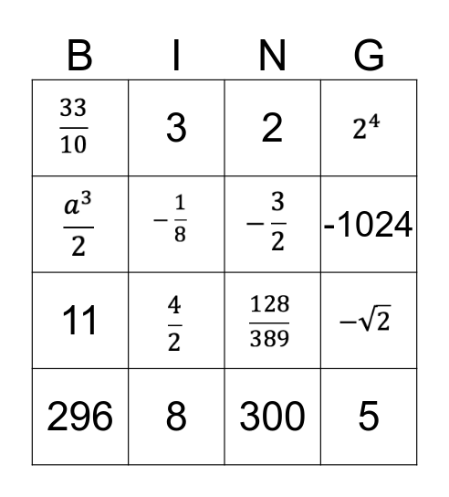 MATH BINGO!!!!!!! Bingo Card