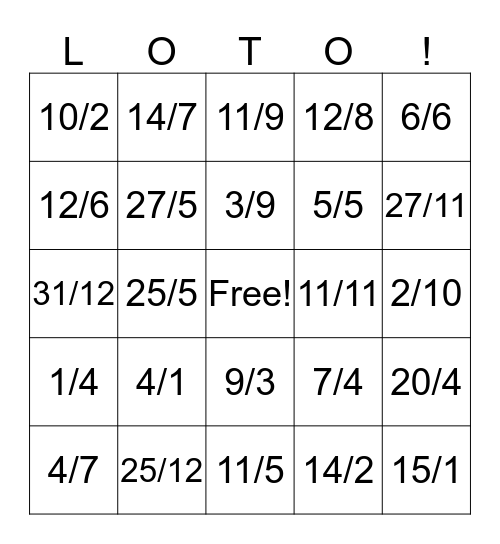 Les dates en français Bingo Card