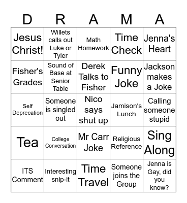 Theatre Class Bingo Card