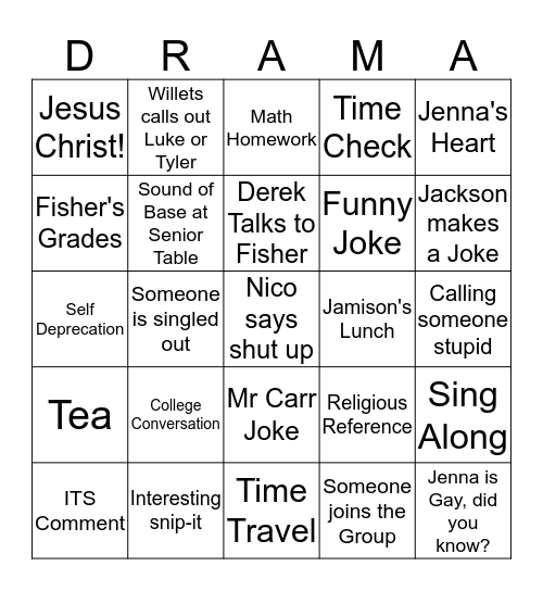 Theatre Class Bingo Card