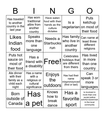 Cultural Diversity Bingo Card