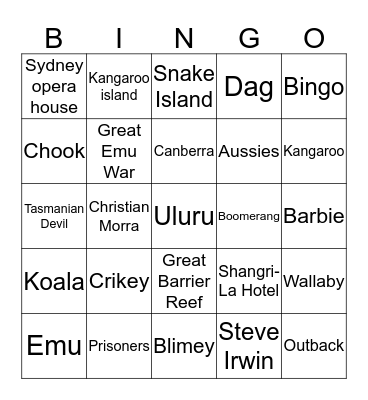 Australian Bingo night Bingo Card