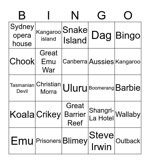 Australian Bingo night Bingo Card