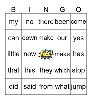 Sight Words Bingo Card