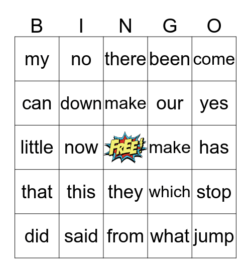 Sight Words Bingo Card