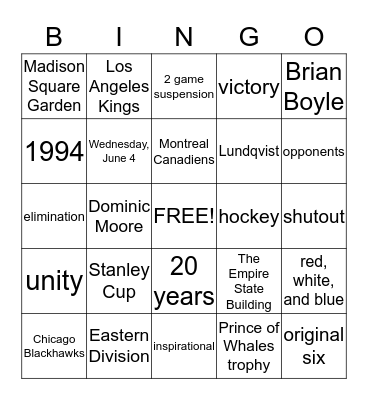 New York Rangers Bingo Card