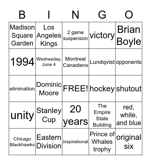 New York Rangers Bingo Card