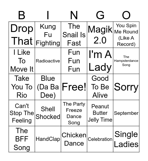 Kids Dance Party Bingo Card