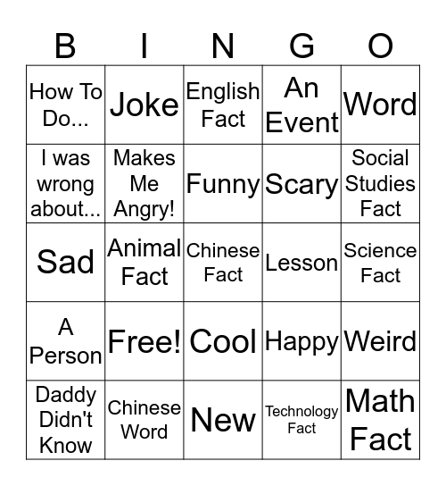 Today I Learned... Bingo Card