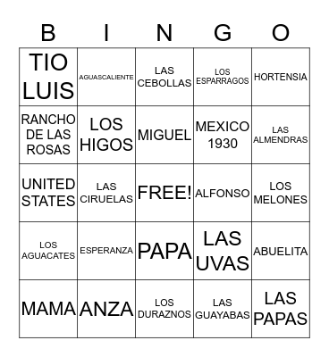 ESPERANZA RISING  Bingo Card