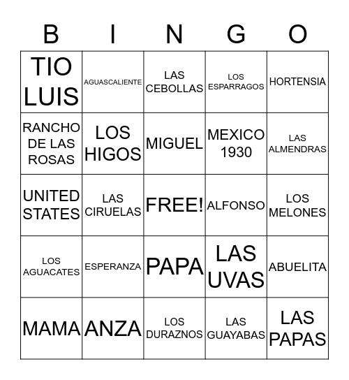 ESPERANZA RISING  Bingo Card