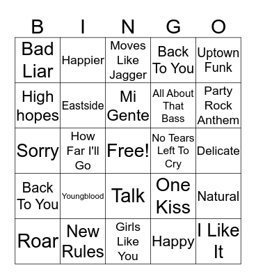 Kidz Bop 1 Bingo Card
