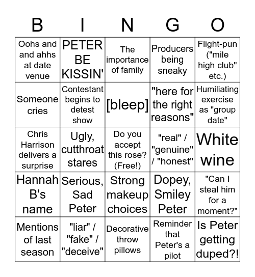 The Bachelor Bingo, Season 24 Bingo Card