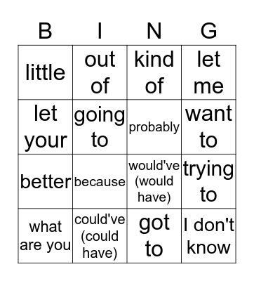 Formal and Informal language Bingo Card