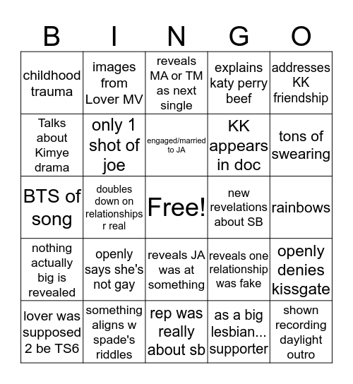 Miss Americana Realistic Bingo Card