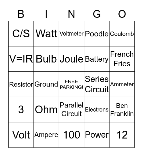 Current Electricity Bingo Card
