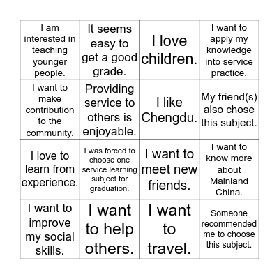 Why do you choose this subject? Bingo Card