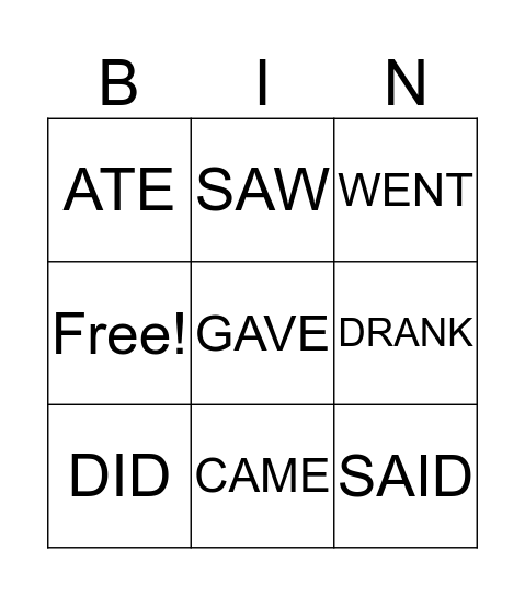 Past Tense Bingo Card