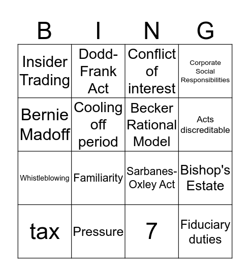 Ethics Warm-up Bingo Card