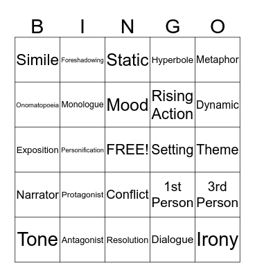 LITERARY TERMS & FIGURATIVE LANGUAGE Bingo Card