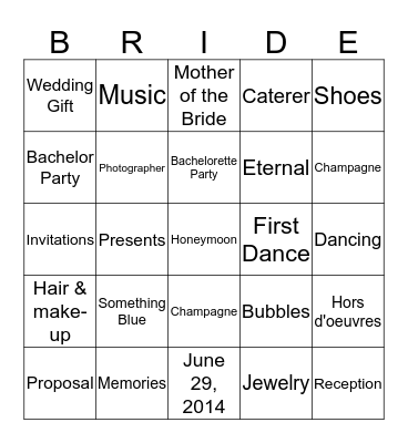 Blaine's Bridal Shower Bingo Card